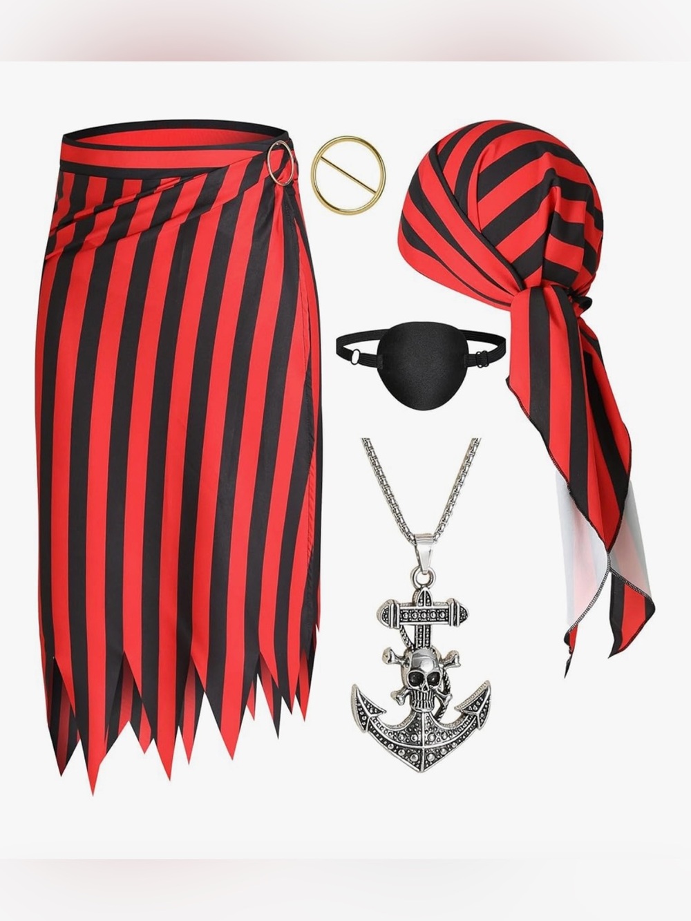 Pirate Costume Set Womens OSFM Skirt Head wrap Eye Patch Necklace New